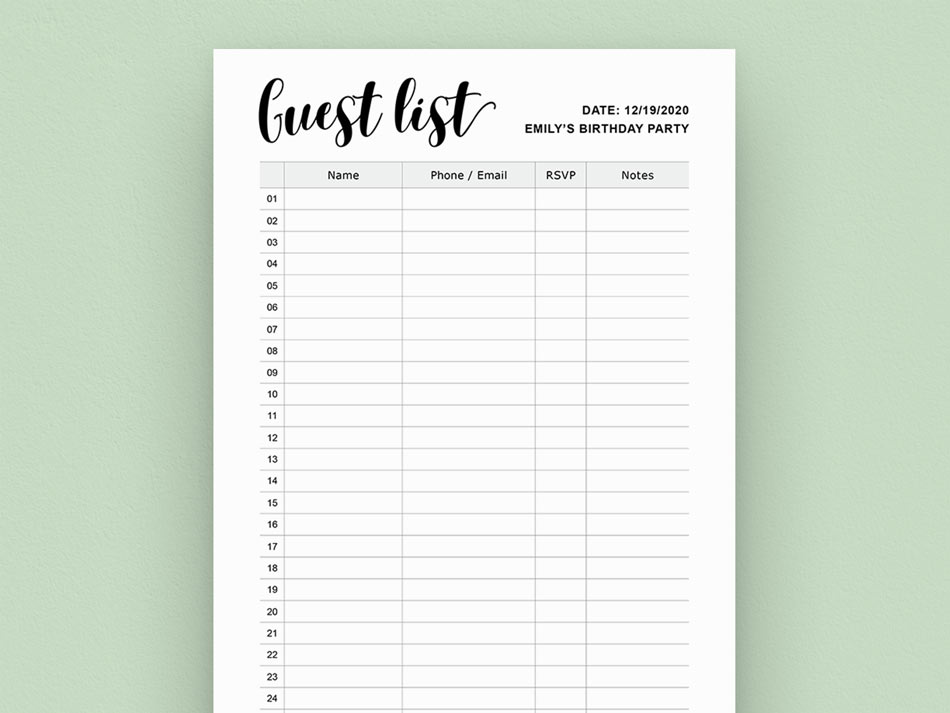 Guest List Template Free